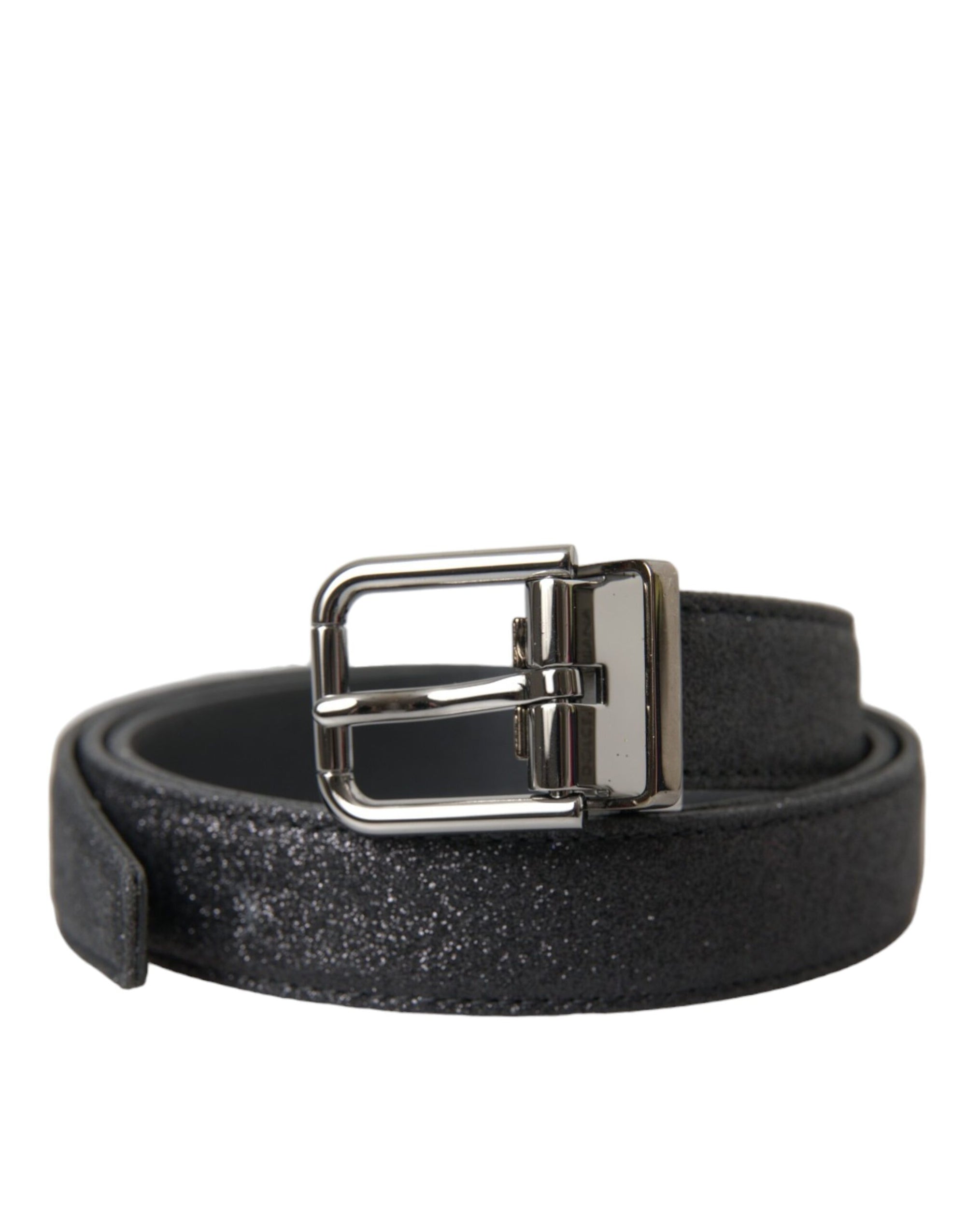Dolce & Gabbana Black Glittered Leather Silver Buckle Belt - Maison Luxe