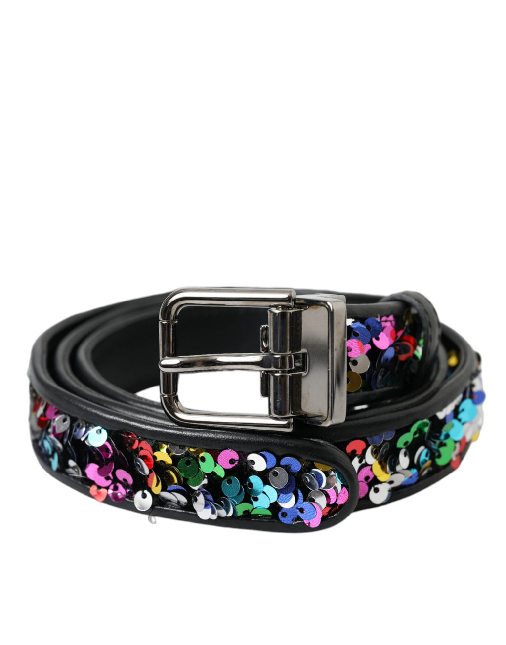 Dolce & Gabbana Black Sequined Silver Metal Buckle Women Belt - Maison Luxe