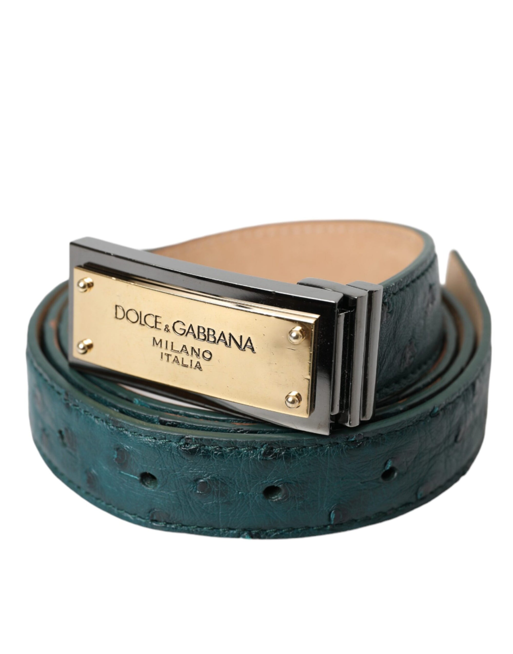Dolce & Gabbana Green Leather Gold Logo Engraved Buckle Belt - Maison Luxe