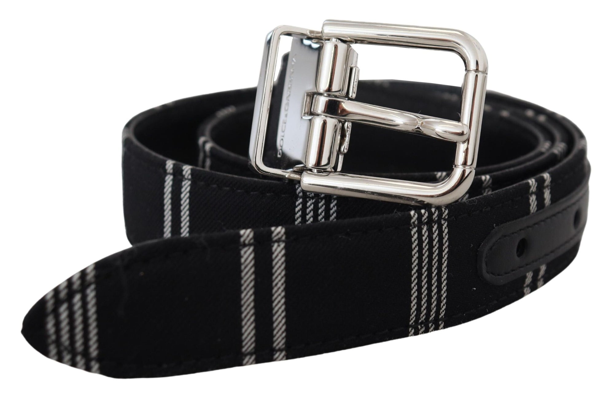 Dolce & Gabbana Black White Cotton Metal Silver Buckle Belt - Maison Luxe