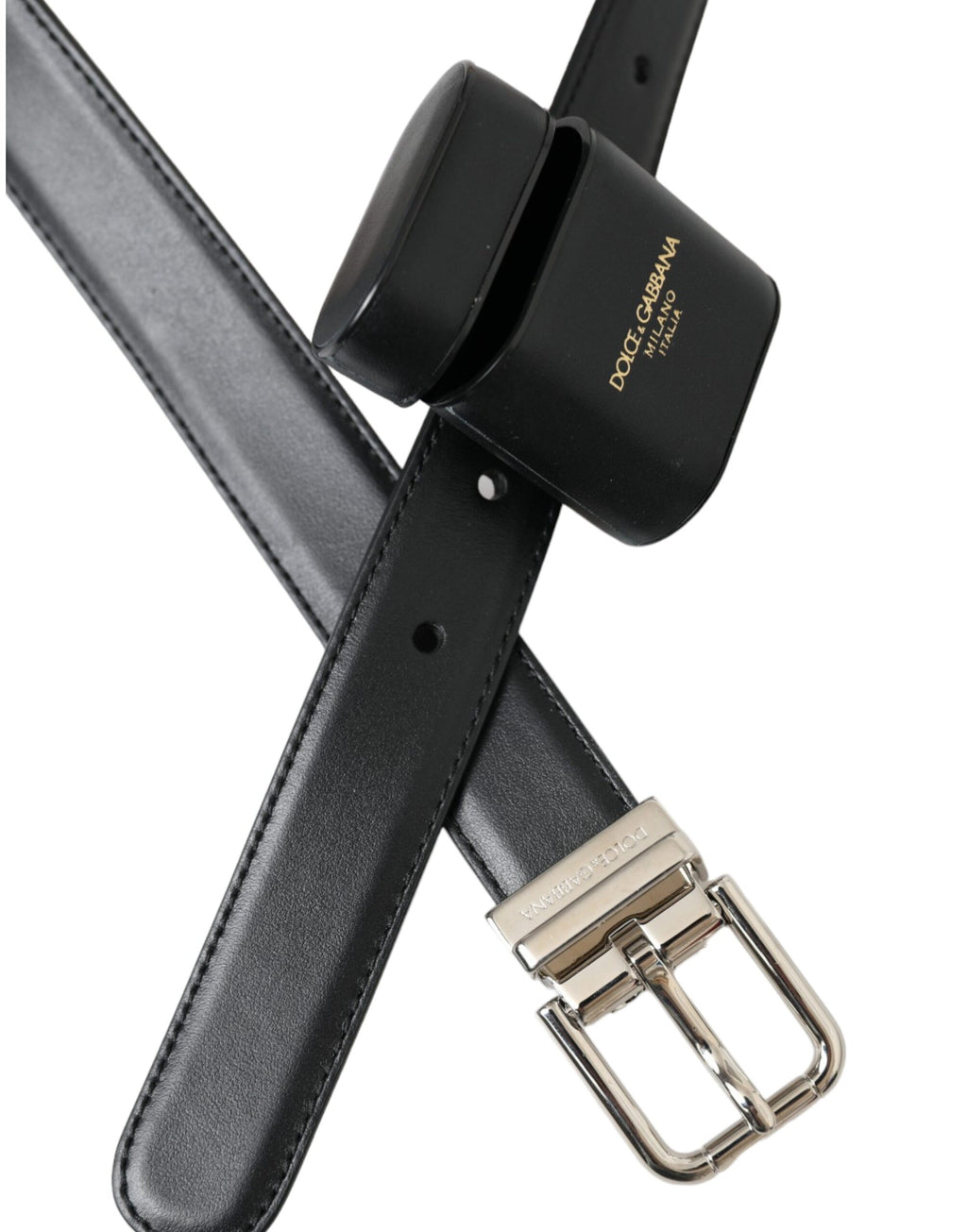 Dolce & Gabbana Black Leather Airpods Case Silver Buckle Belt - Maison Luxe
