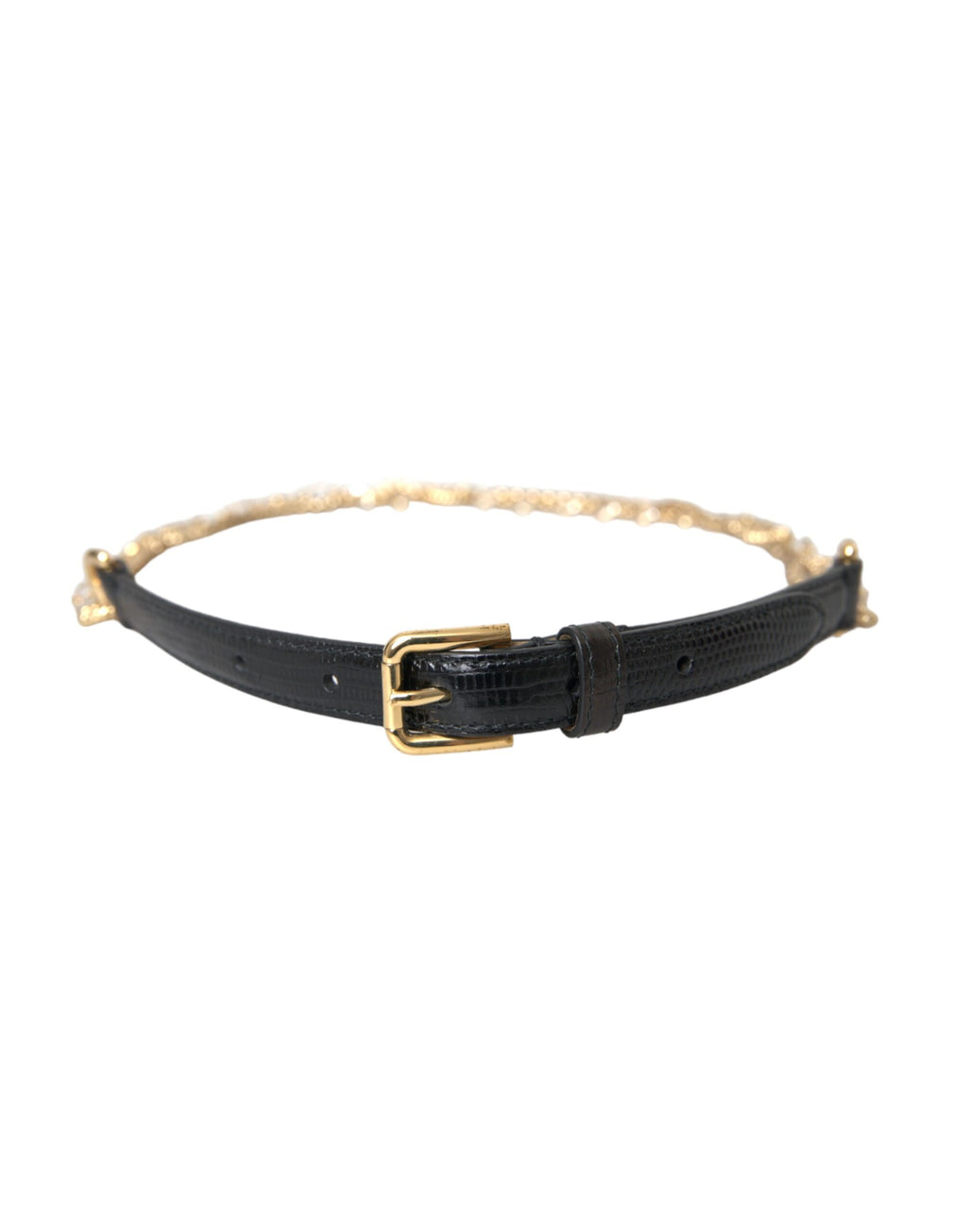 Dolce & Gabbana Black Leather Gold Chain Crystal Waist Women Belt - Maison Luxe