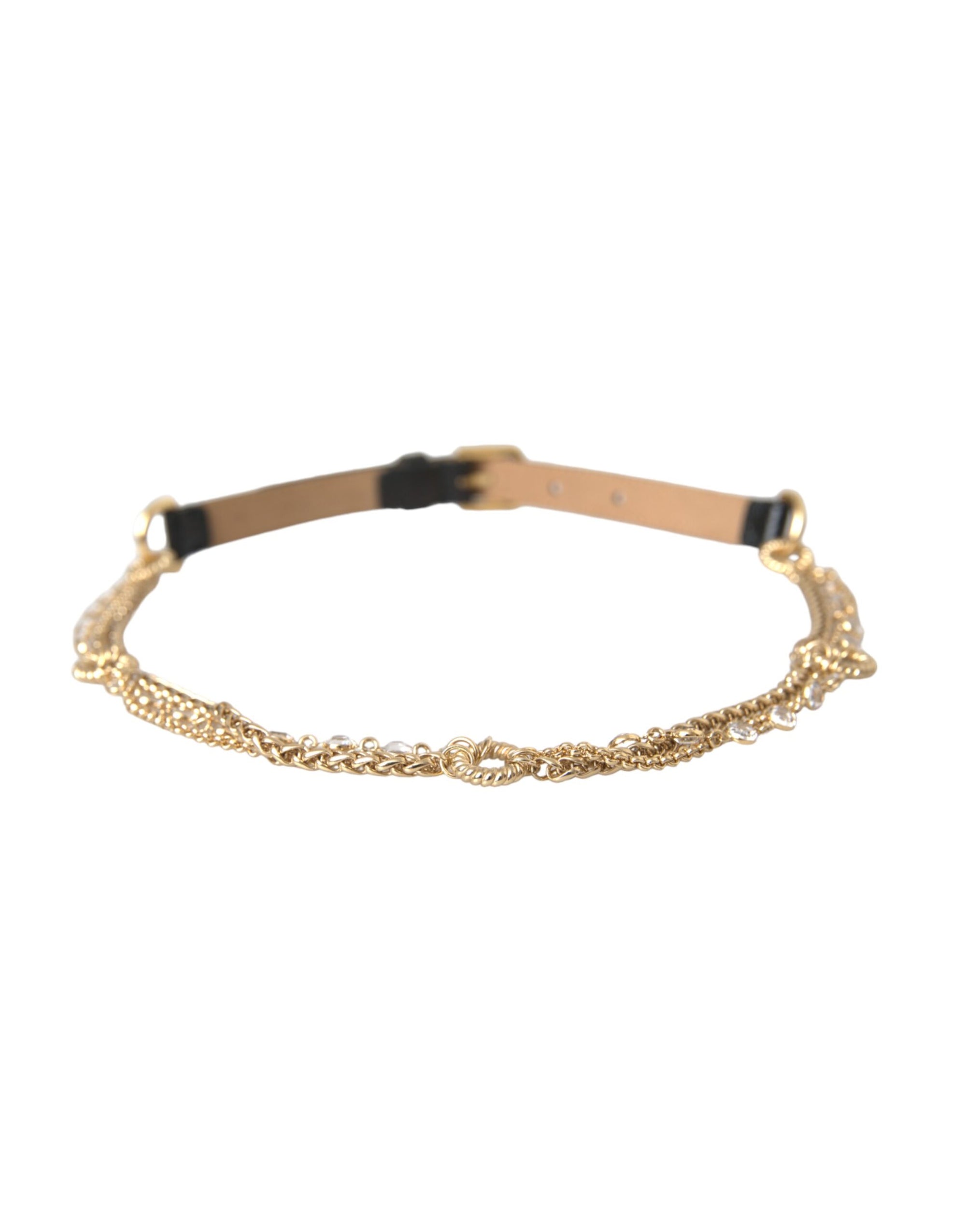 Dolce & Gabbana Black Leather Gold Chain Crystal Waist Women Belt - Maison Luxe