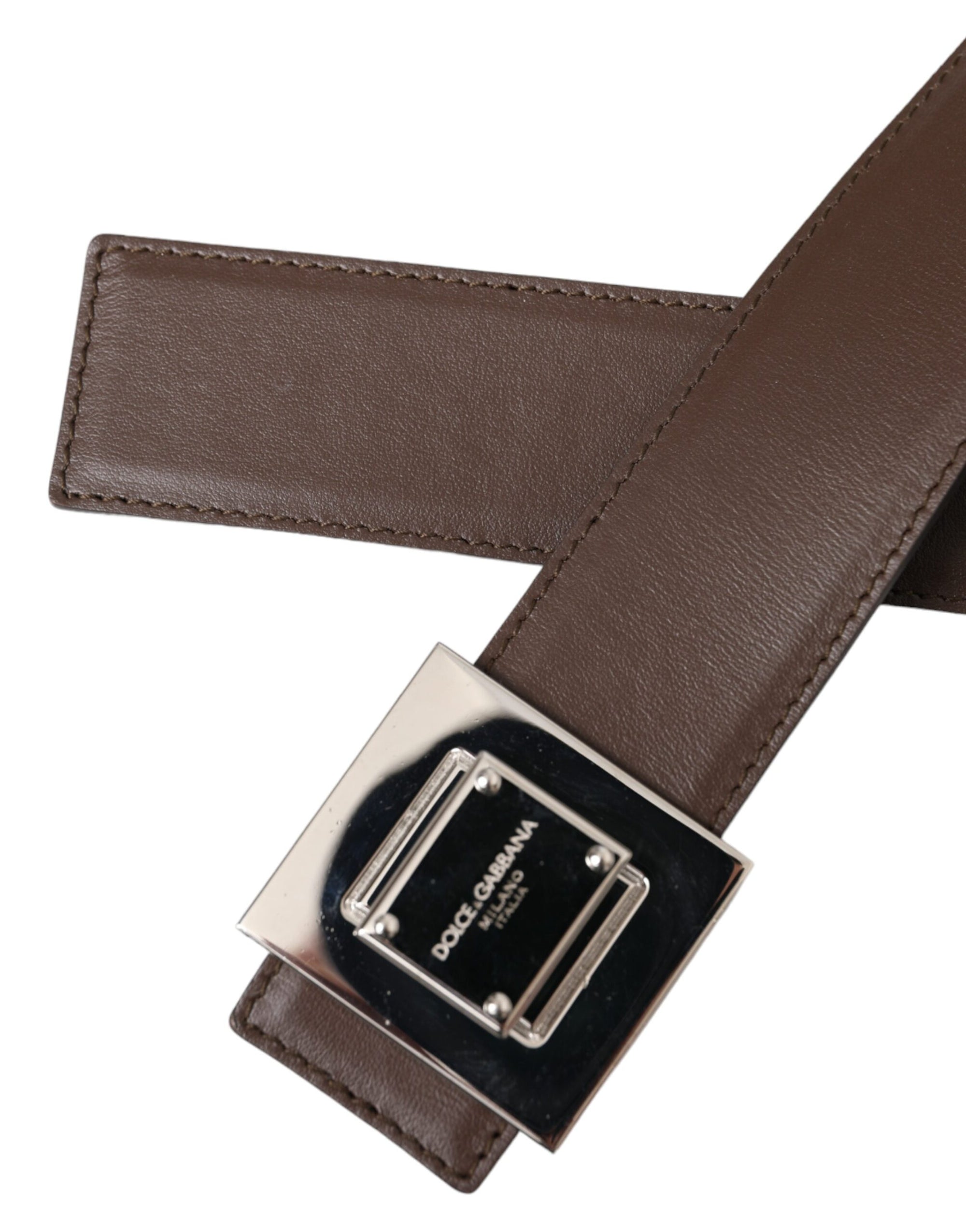 Dolce & Gabbana Brown Calf Leather Square Metal Buckle Belt - Maison Luxe