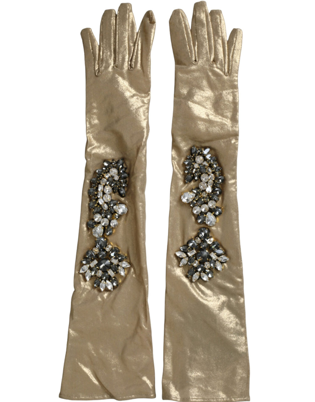 Dolce & Gabbana Beige Satin Crystal Elbow Length Gloves - Maison Luxe