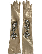 Dolce & Gabbana Beige Satin Crystal Elbow Length Gloves - Maison Luxe