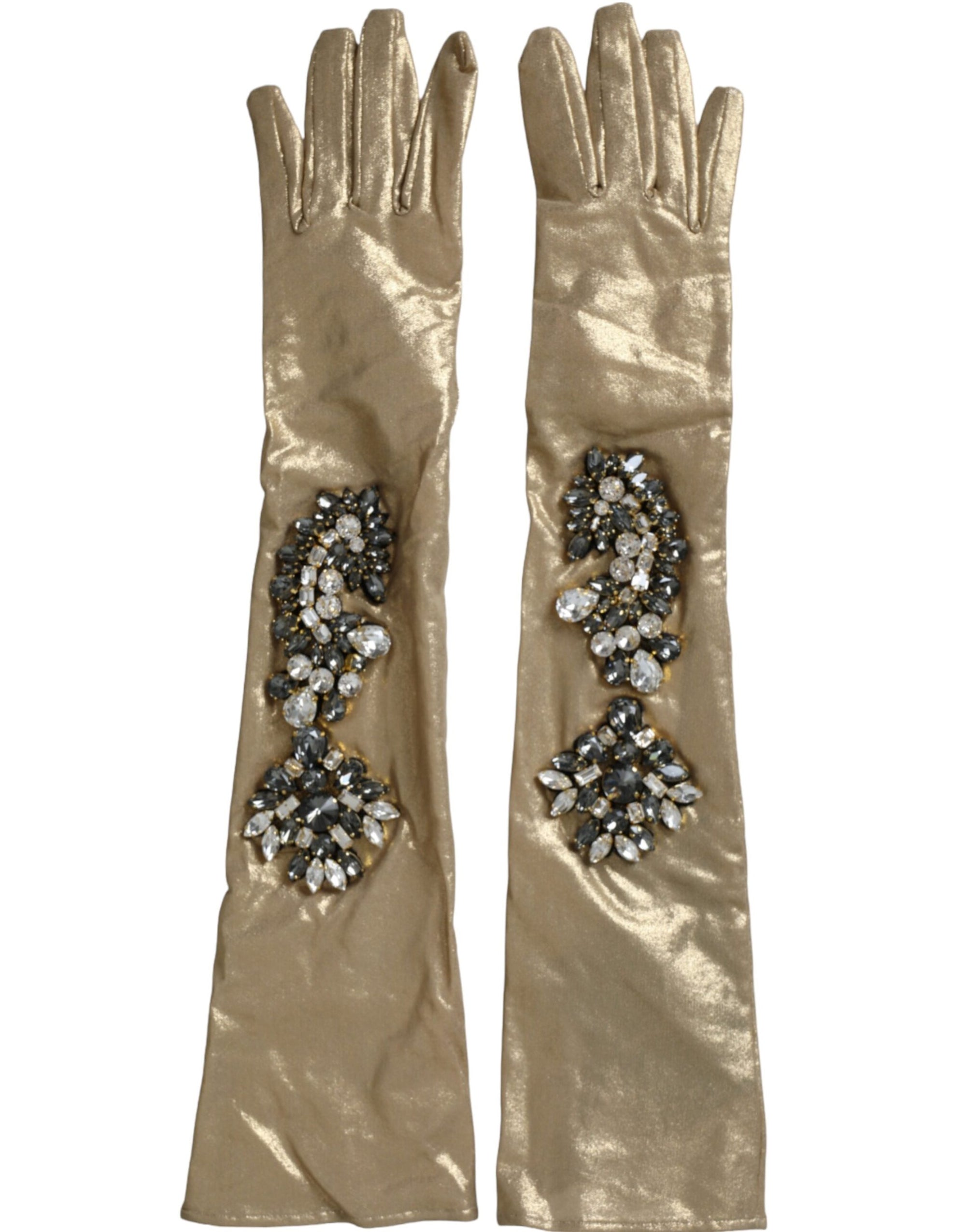 Dolce & Gabbana Beige Satin Crystal Elbow Length Gloves - Maison Luxe