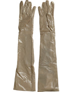 Dolce & Gabbana Beige Satin Crystal Elbow Length Gloves - Maison Luxe