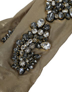 Dolce & Gabbana Beige Satin Crystal Elbow Length Gloves - Maison Luxe
