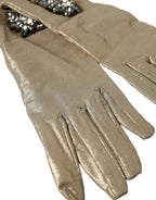 Dolce & Gabbana Beige Satin Crystal Elbow Length Gloves - Maison Luxe