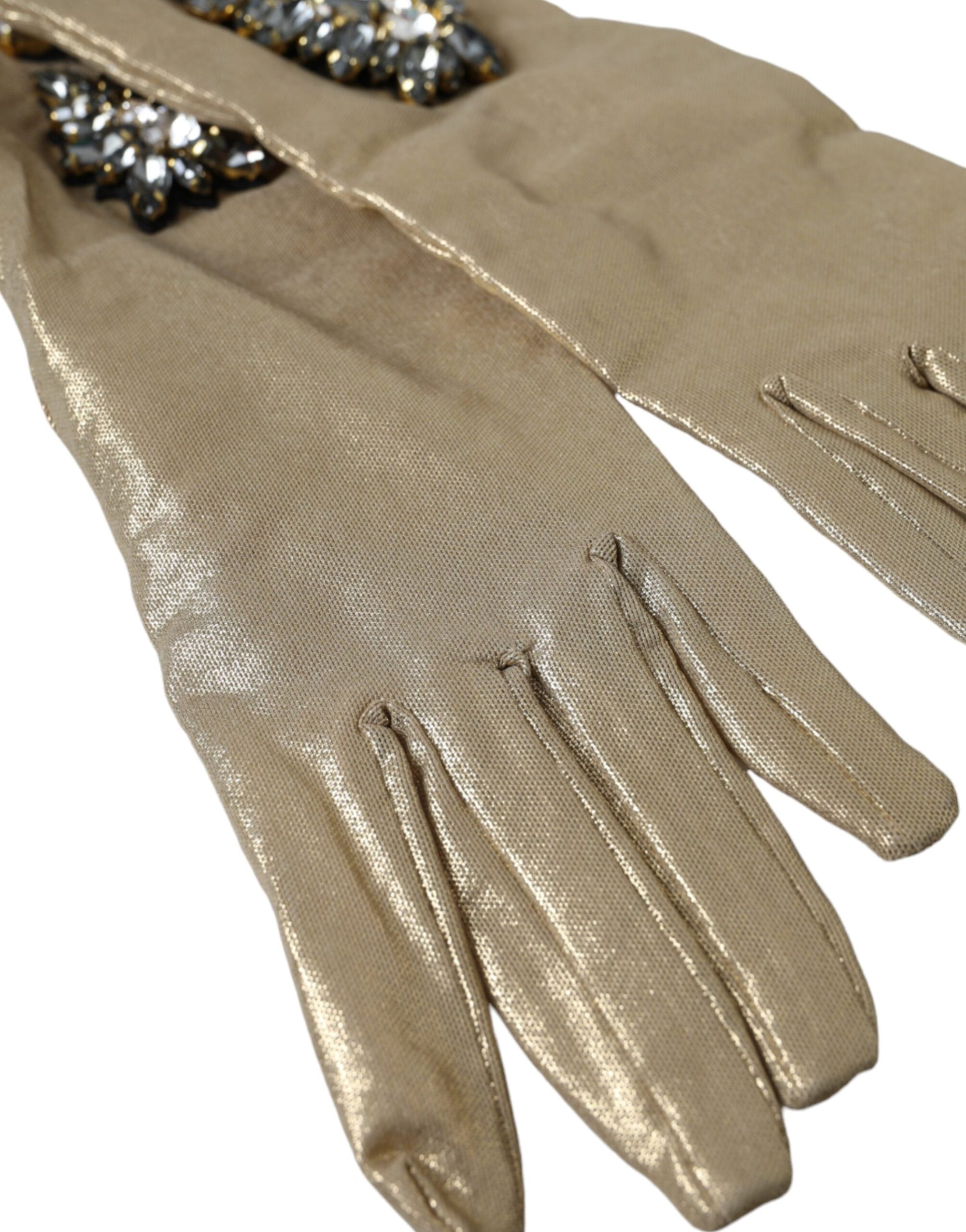 Dolce & Gabbana Beige Satin Crystal Elbow Length Gloves - Maison Luxe