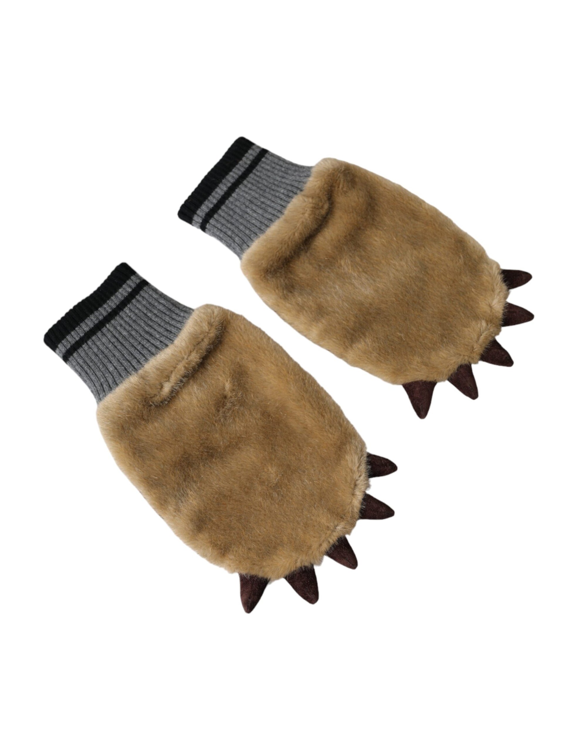 Dolce & Gabbana Beige Acrylic Knitted Fur Wrist Mitten Gloves - Maison Luxe