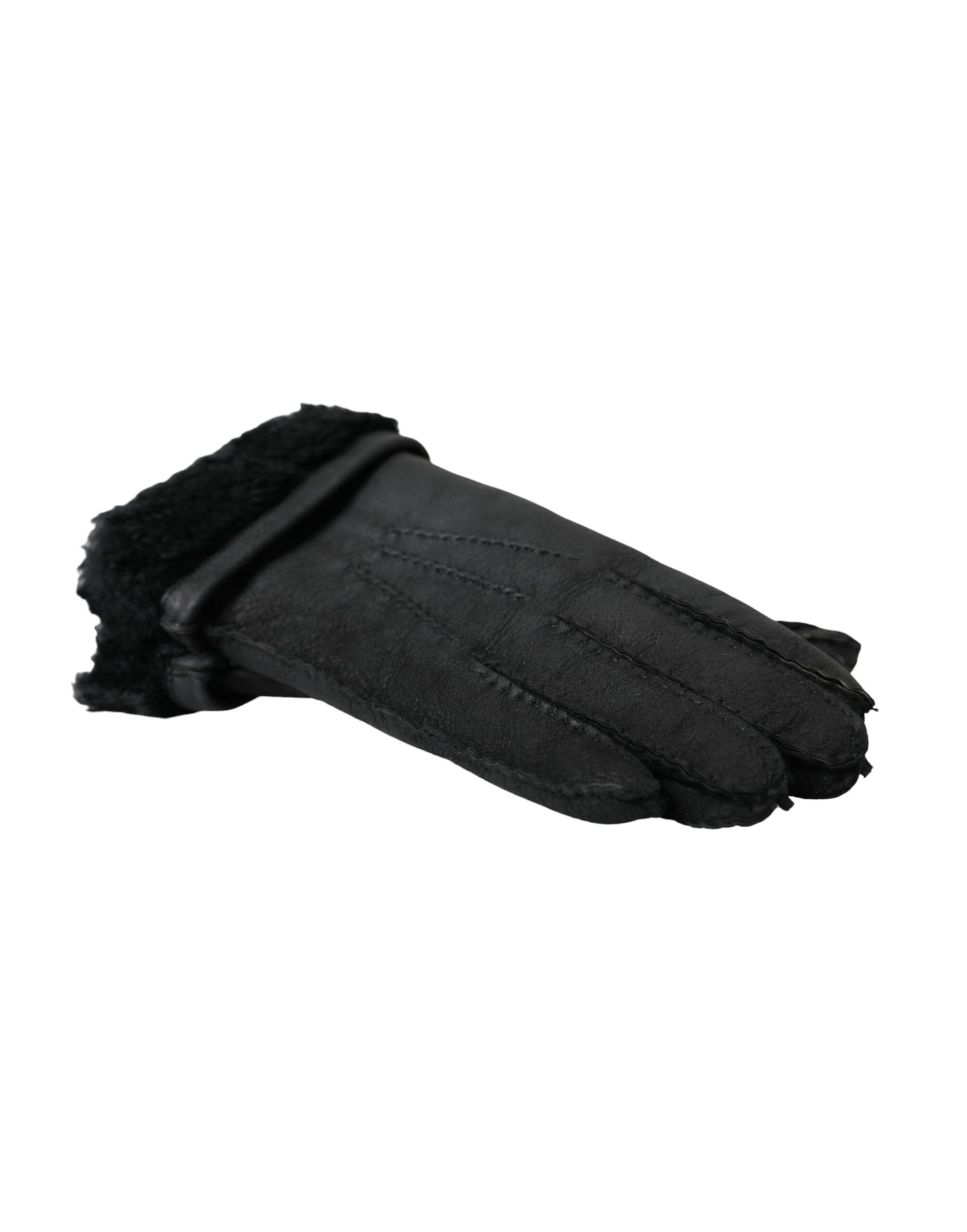 Dolce & Gabbana Black Leather Fur Short Hands Gloves - Maison Luxe
