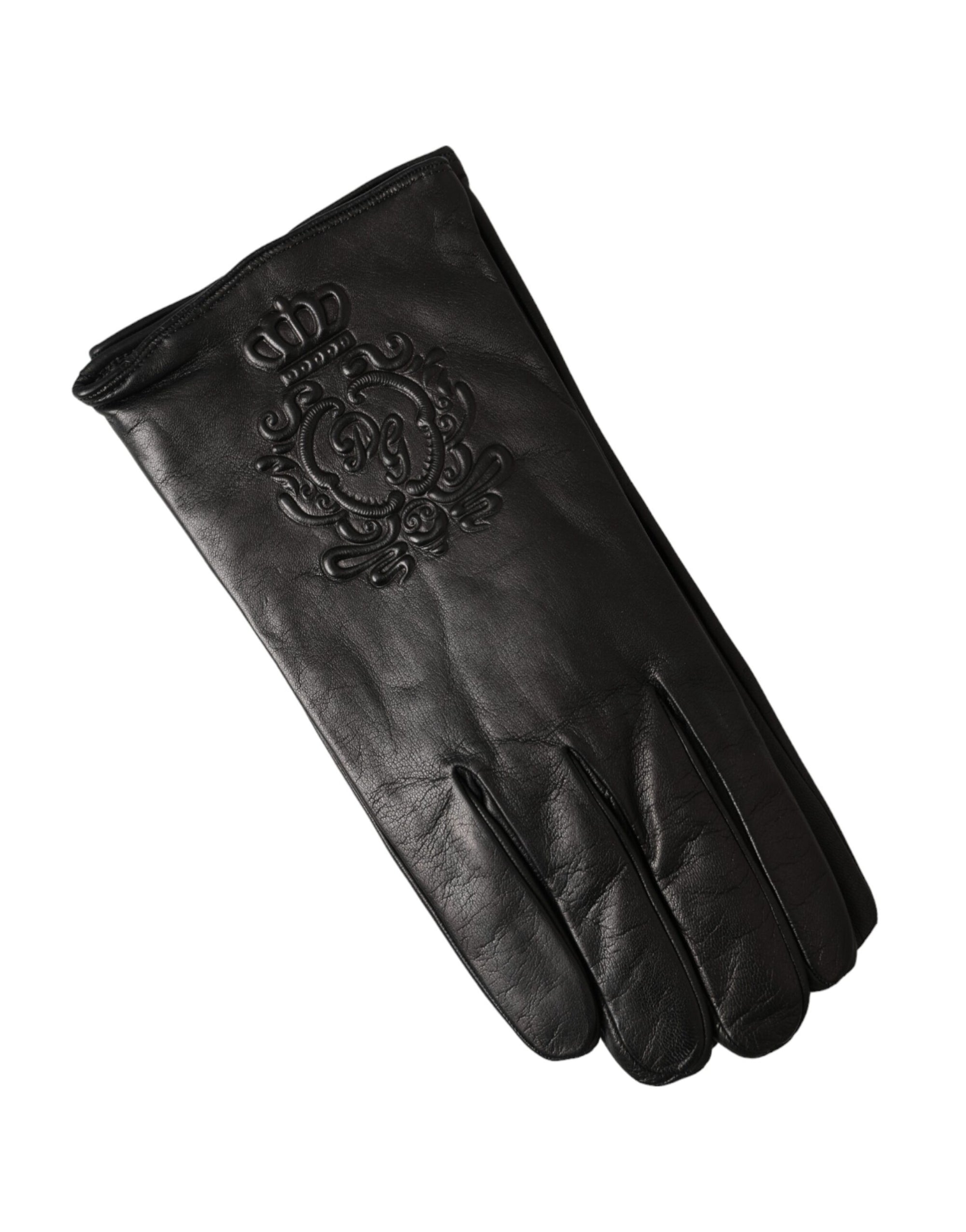 Dolce & Gabbana Black Leather Embossed Logo Short Hands Gloves - Maison Luxe