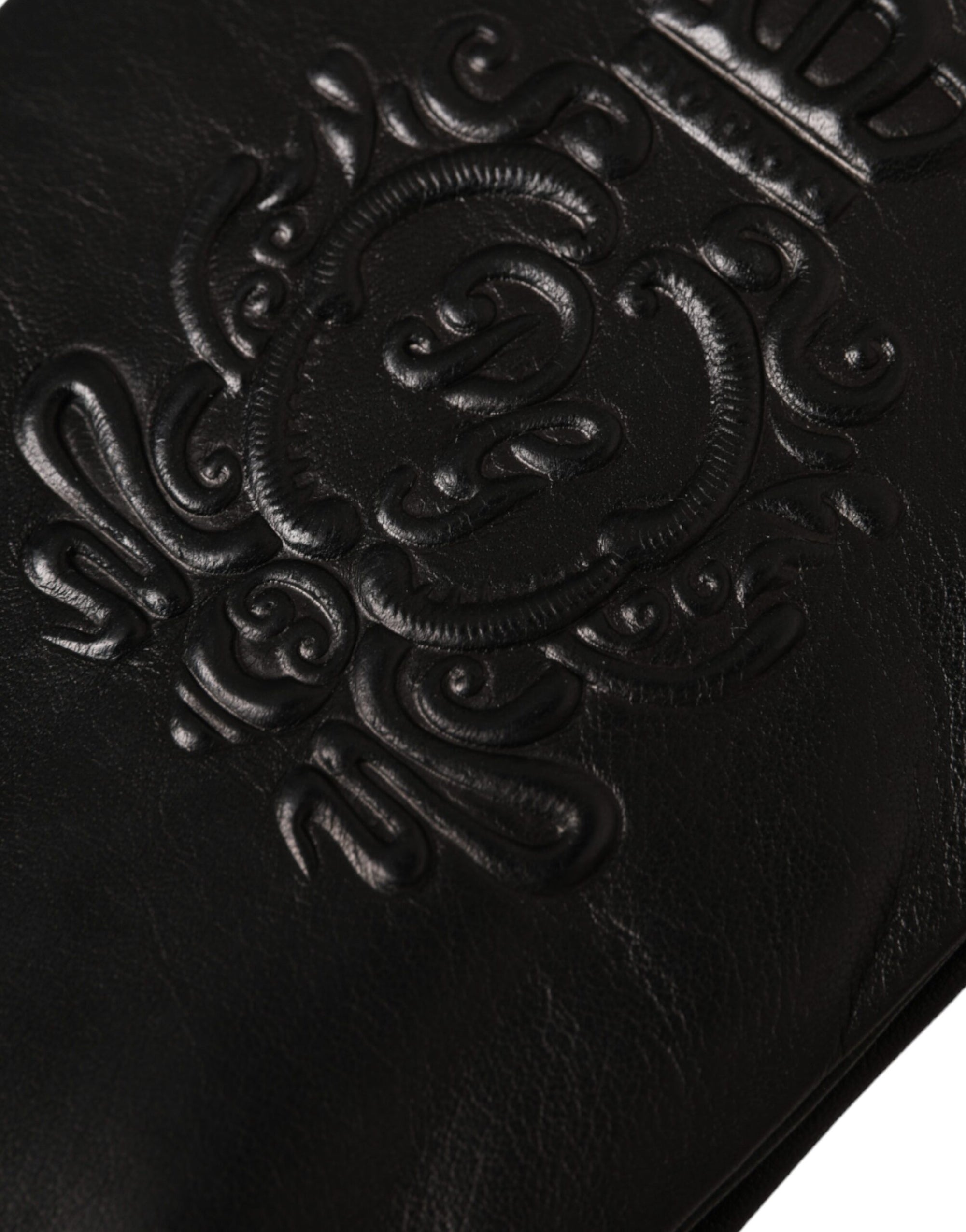 Dolce & Gabbana Black Leather Embossed Logo Short Hands Gloves - Maison Luxe