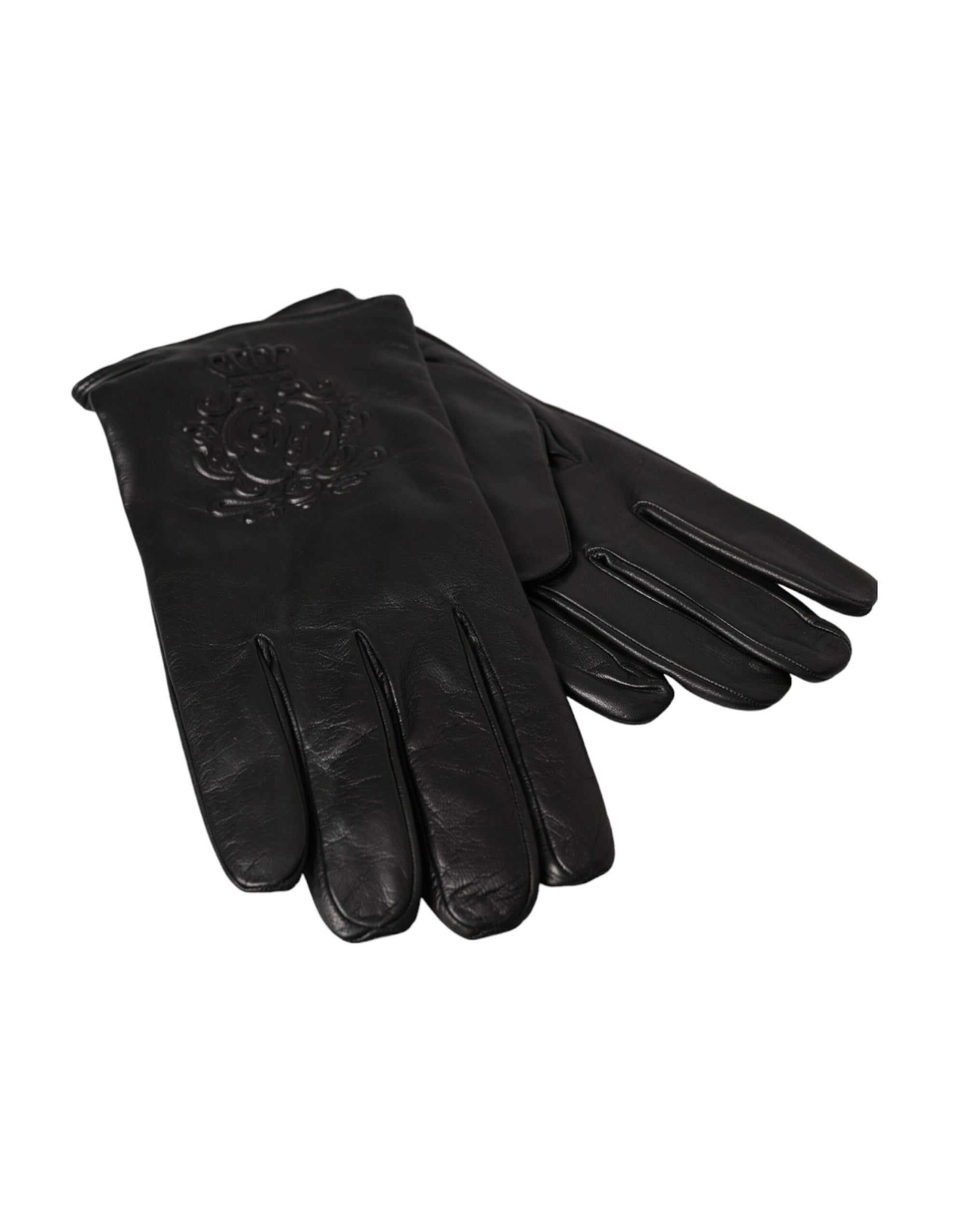 Dolce & Gabbana Black Leather Embossed Logo Short Hands Gloves - Maison Luxe