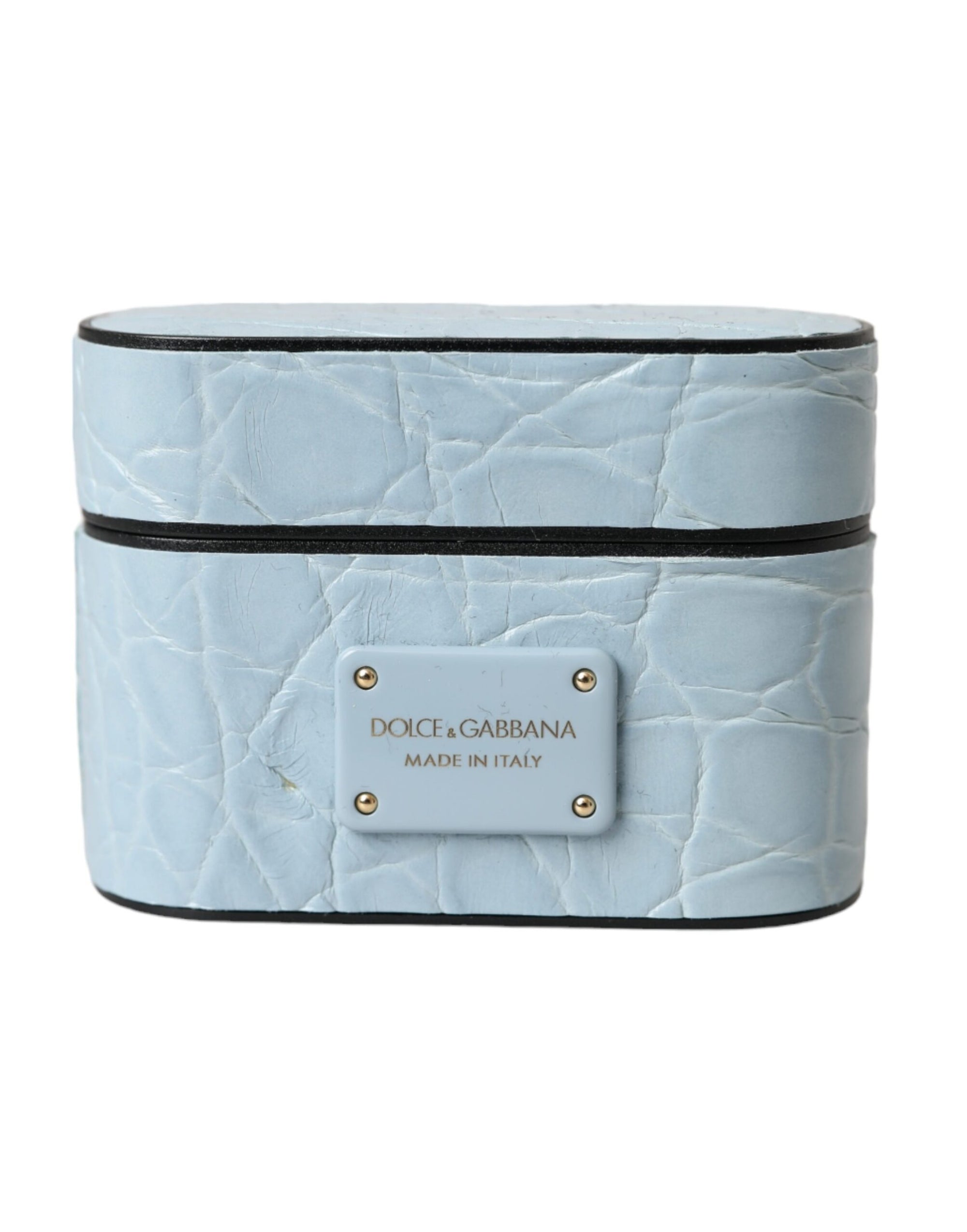 Dolce & Gabbana Light Blue Leather Metal Logo Plaque Airpods Case - Maison Luxe