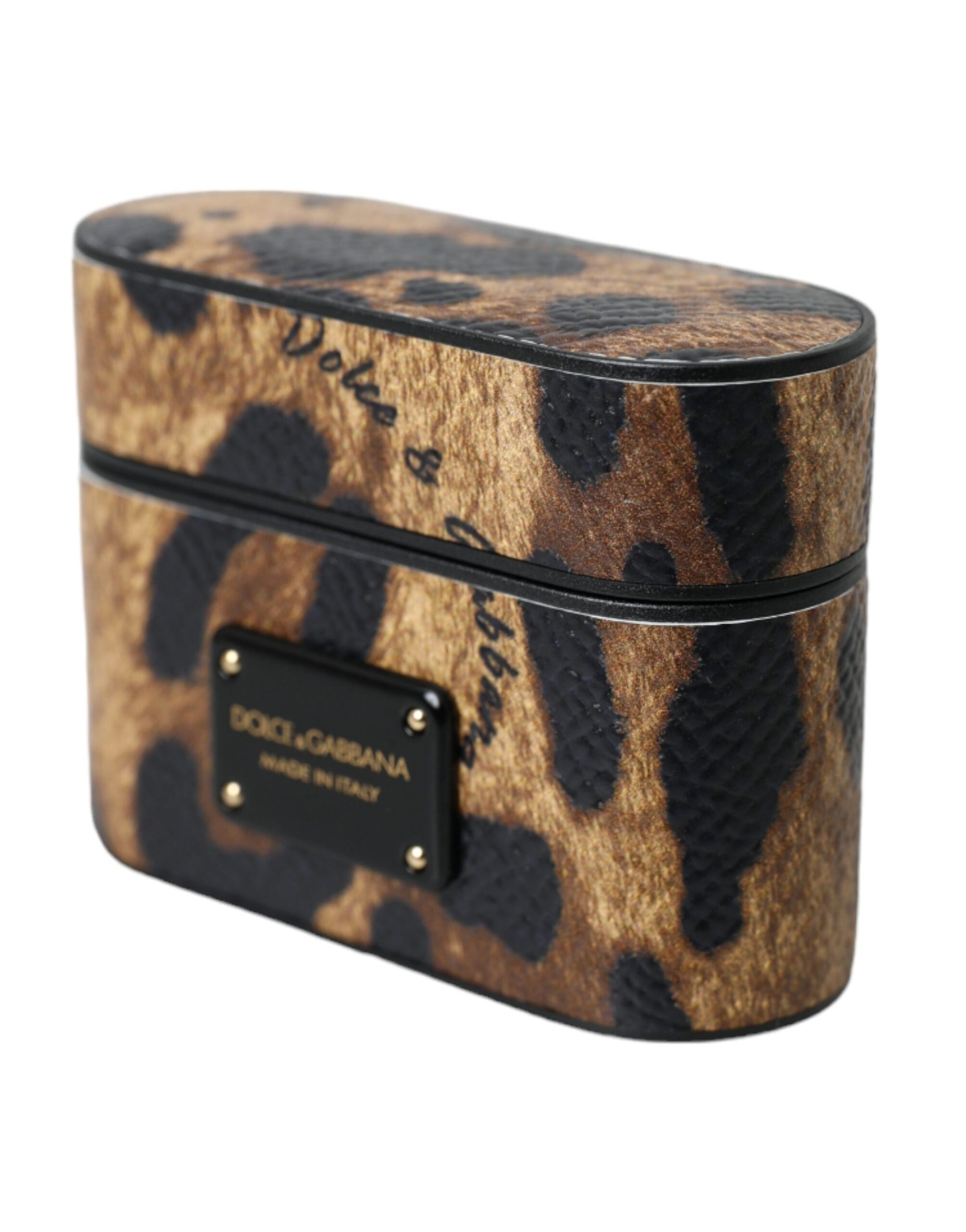 Dolce & Gabbana Brown Leopard Calf Leather Metal Logo Plaque Airpods Case - Maison Luxe