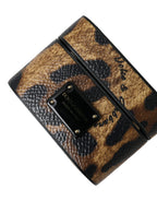 Dolce & Gabbana Brown Leopard Calf Leather Metal Logo Plaque Airpods Case - Maison Luxe