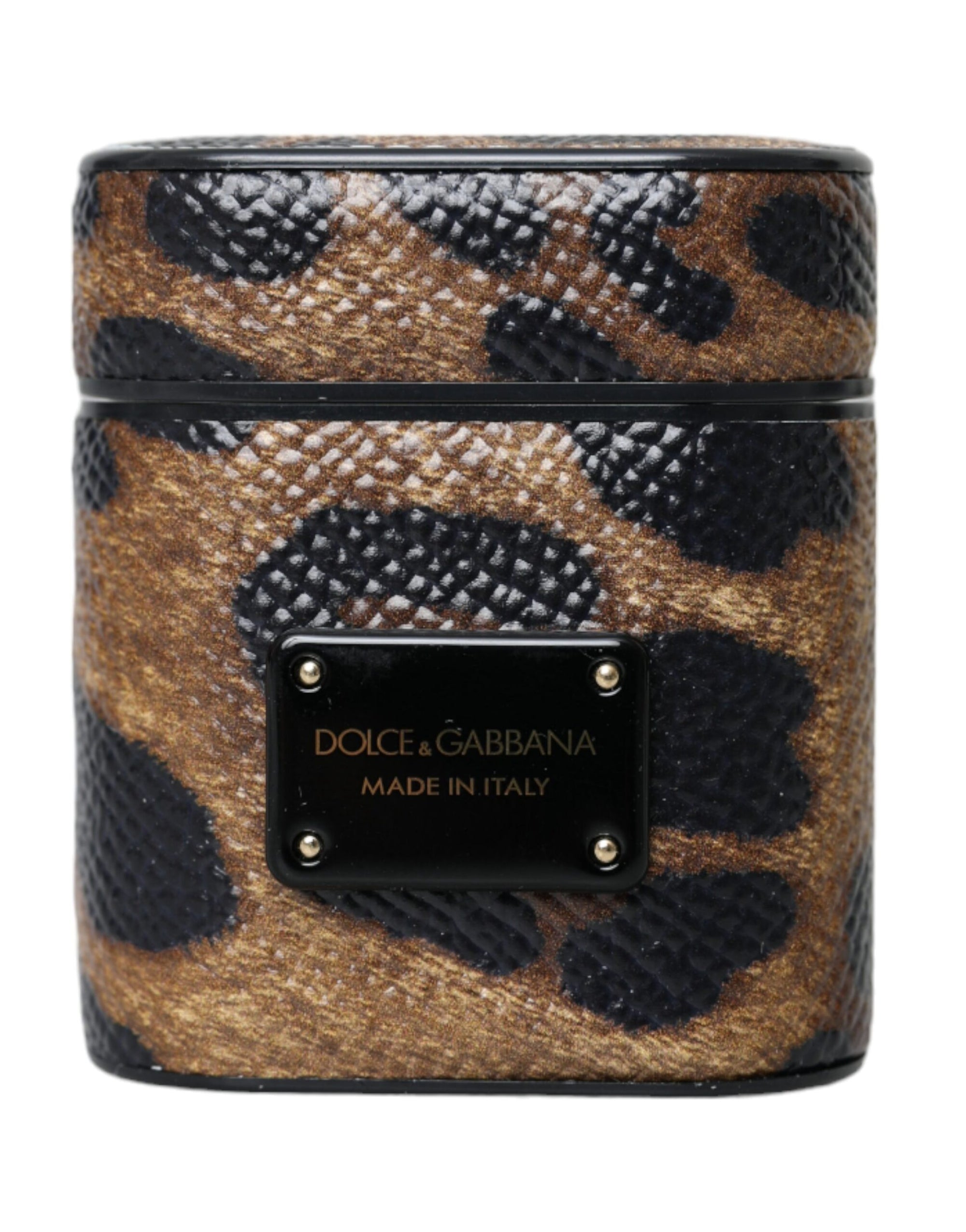 Dolce & Gabbana Brown Leopard Calf Leather Metal Logo Plaque Airpods Case - Maison Luxe