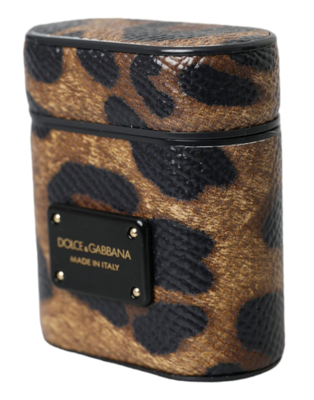 Dolce & Gabbana Brown Leopard Calf Leather Metal Logo Plaque Airpods Case - Maison Luxe