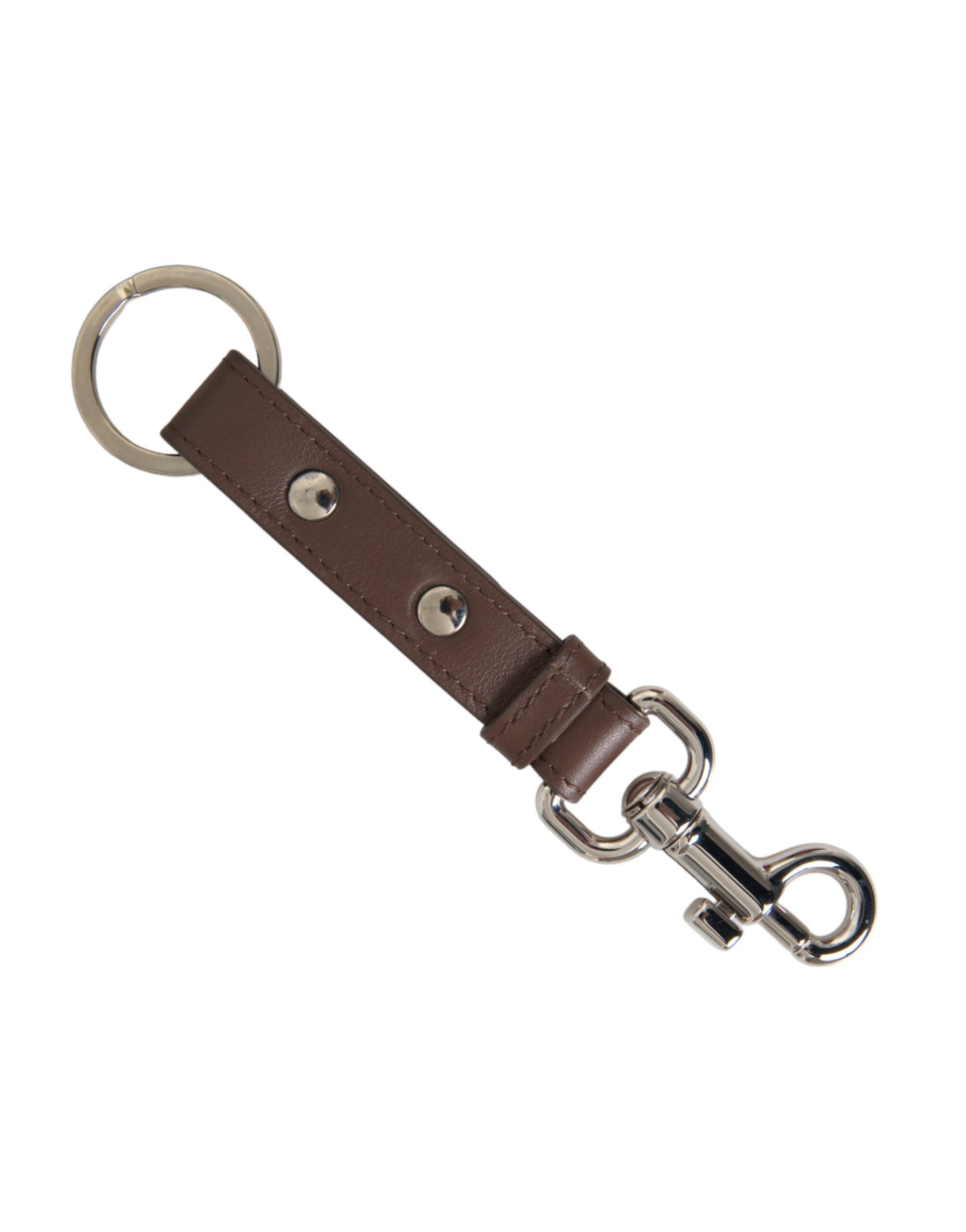 Dolce & Gabbana Brown Plain Leather Silver Brass Keyring Holder Keychain - Maison Luxe