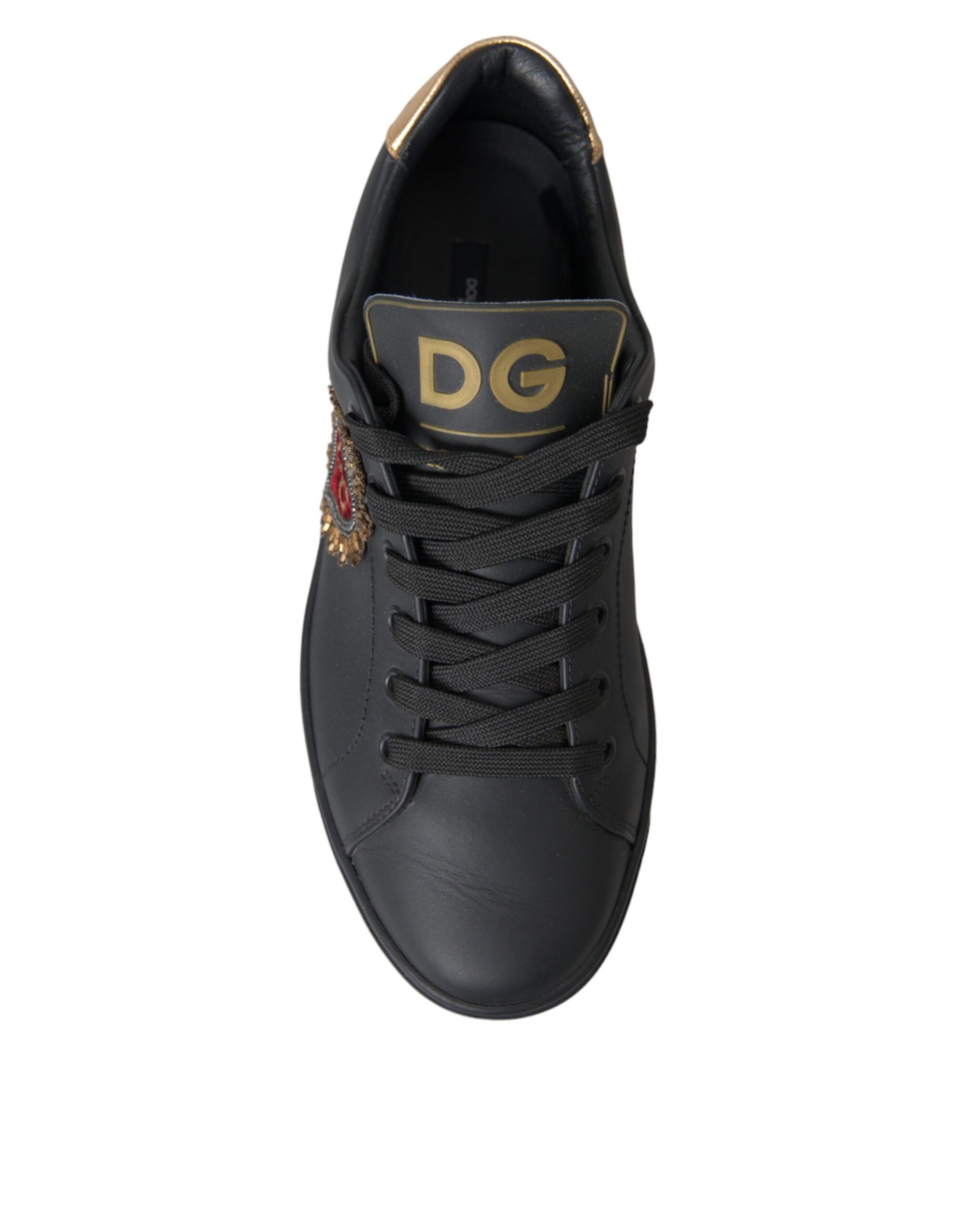Dolce & Gabbana Black Leather Heart Embellished Sneakers Shoes