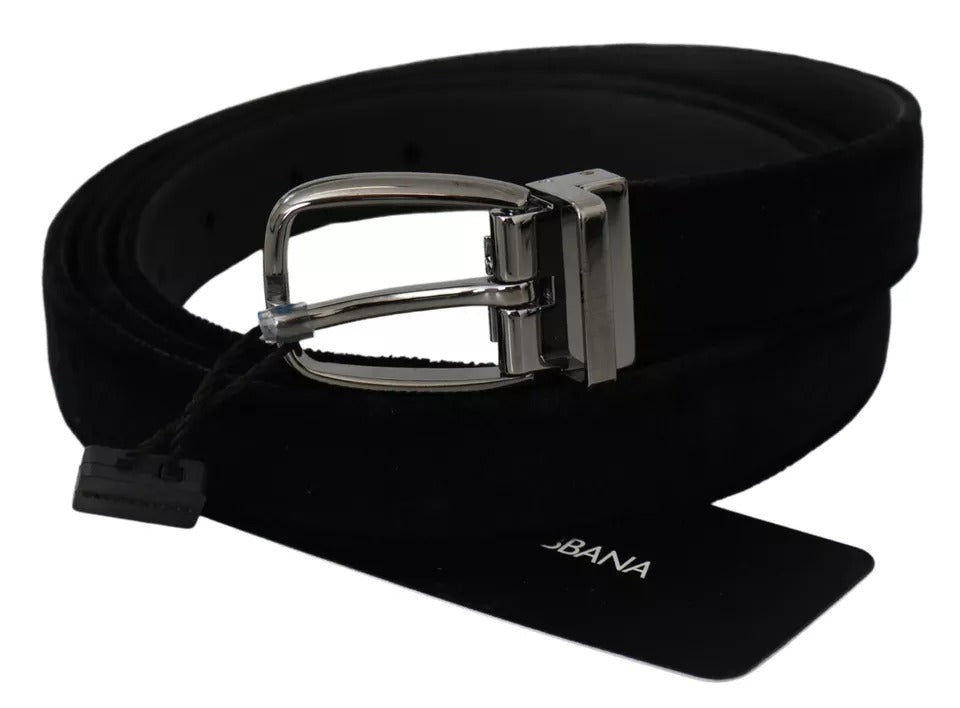 Dolce & Gabbana Black Velvet Silver Tone Metal Buckle Men Belt - Maison Luxe