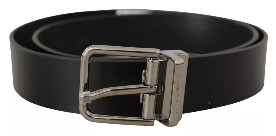 Dolce & Gabbana Black Calf Leather Logo Engraved Metal Buckle Belt - Maison Luxe