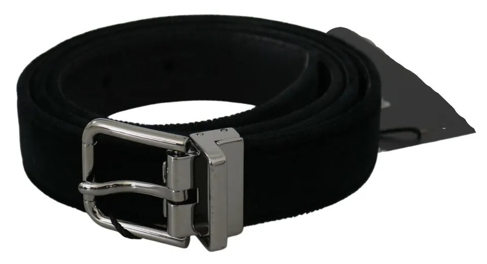 Dolce & Gabbana Black Velvet Leather Silver Buckle Belt - Maison Luxe