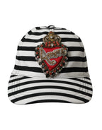 Dolce & Gabbana Black White Stripe Amore Heart Applique Baseball Hat - Maison Luxe