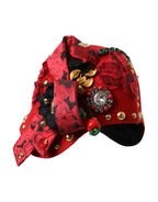 Dolce & Gabbana Red Crystal Gold Roses Brooch Embellished Hat - Maison Luxe