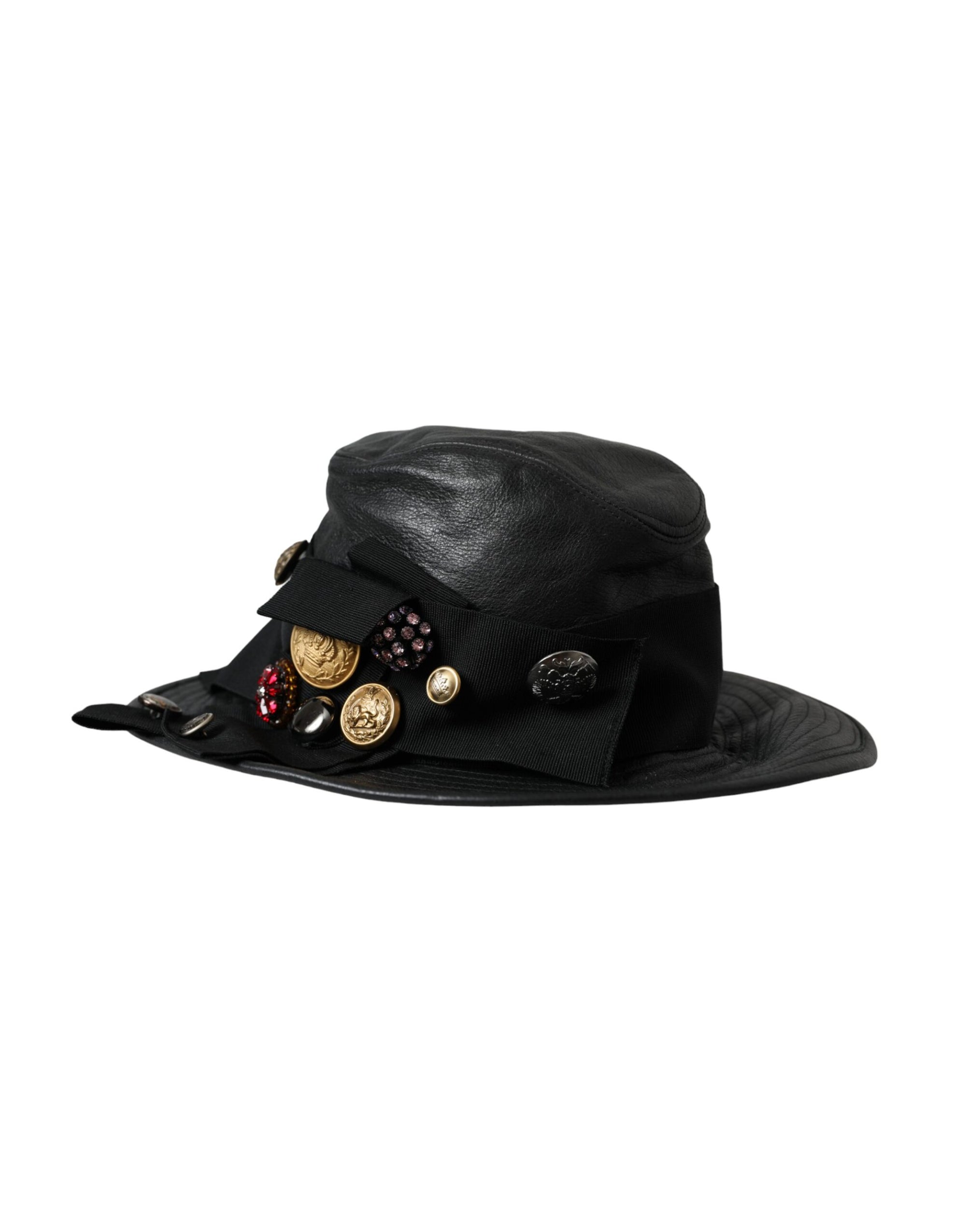 Dolce & Gabbana Black Leather DG Coin Crystal Wide Brim Hat - Maison Luxe