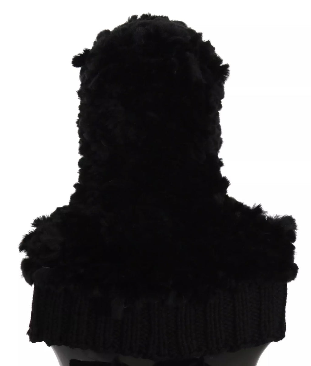 Dolce & Gabbana Black Silver Fox Fur Cashmere Hooded Scarf - Maison Luxe