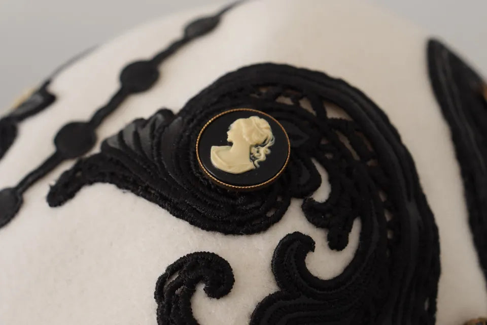 Dolce & Gabbana White Black Wool Embroidered Cameo Brooch Hat - Maison Luxe