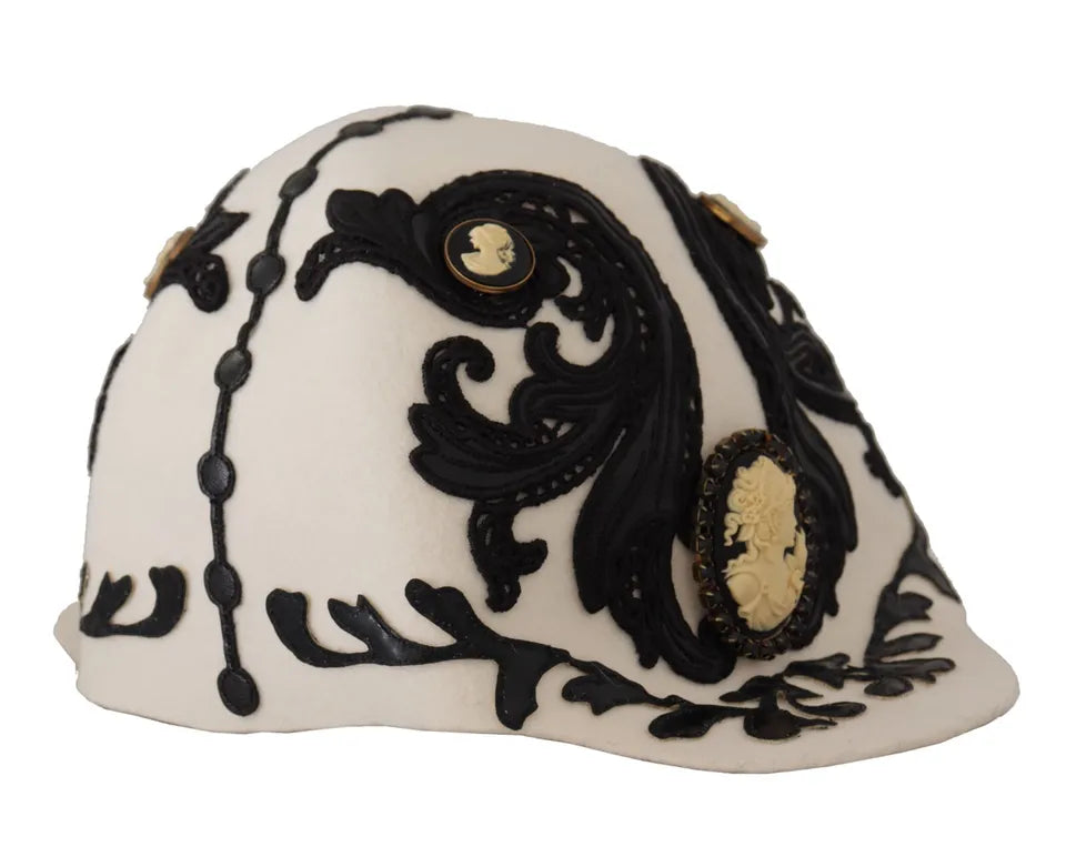 Dolce & Gabbana White Black Wool Embroidered Cameo Brooch Hat - Maison Luxe