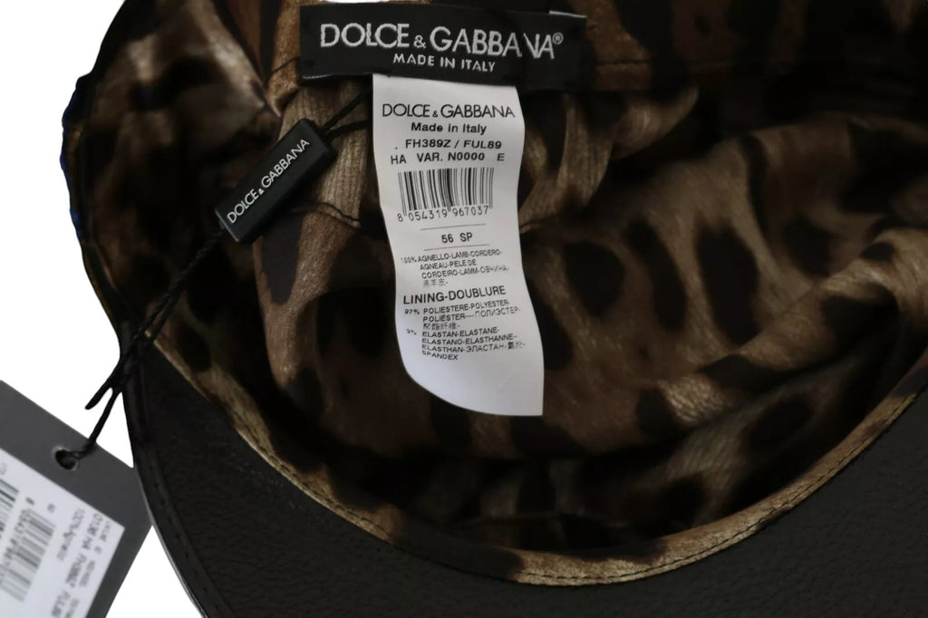 Dolce & Gabbana Black Leather Crystal Beads Gold Ribbon Fiddler Cap - Maison Luxe