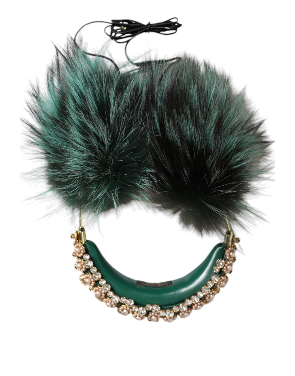Dolce & Gabbana Green Gold Crystal Fur Headset Audio AUX Headphones - Maison Luxe