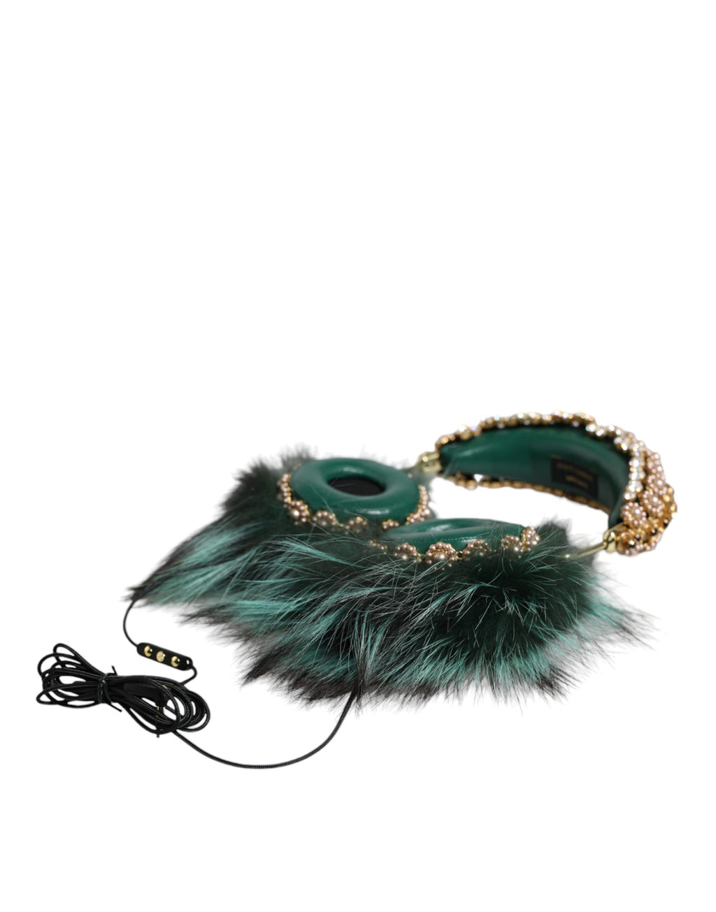 Dolce & Gabbana Green Gold Crystal Fur Headset Audio AUX Headphones - Maison Luxe