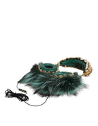 Dolce & Gabbana Green Gold Crystal Fur Headset Audio AUX Headphones - Maison Luxe