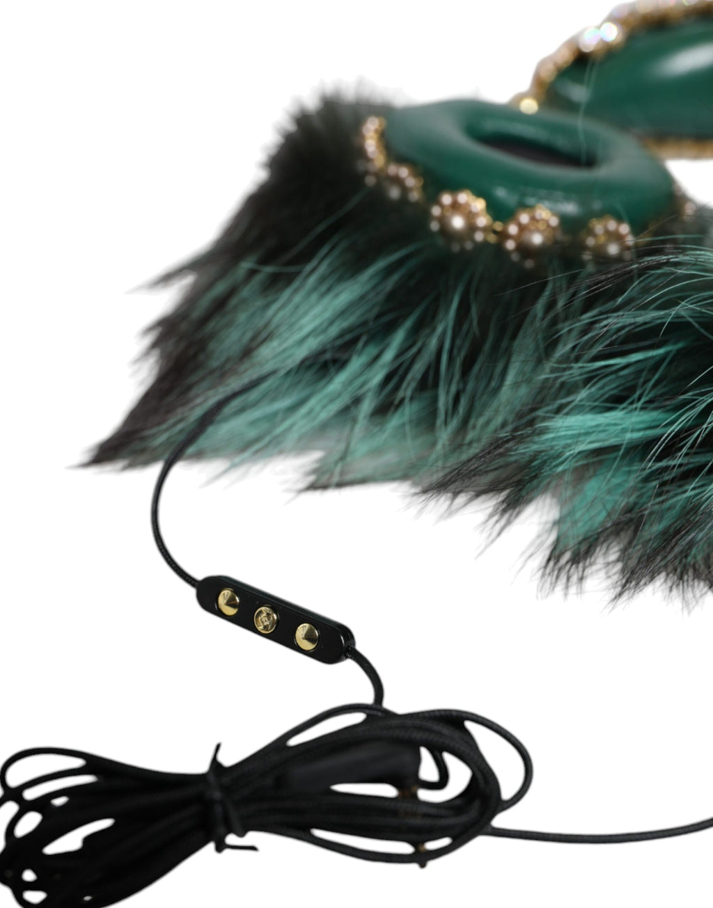 Dolce & Gabbana Green Gold Crystal Fur Headset Audio AUX Headphones - Maison Luxe