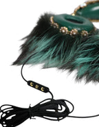 Dolce & Gabbana Green Gold Crystal Fur Headset Audio AUX Headphones - Maison Luxe