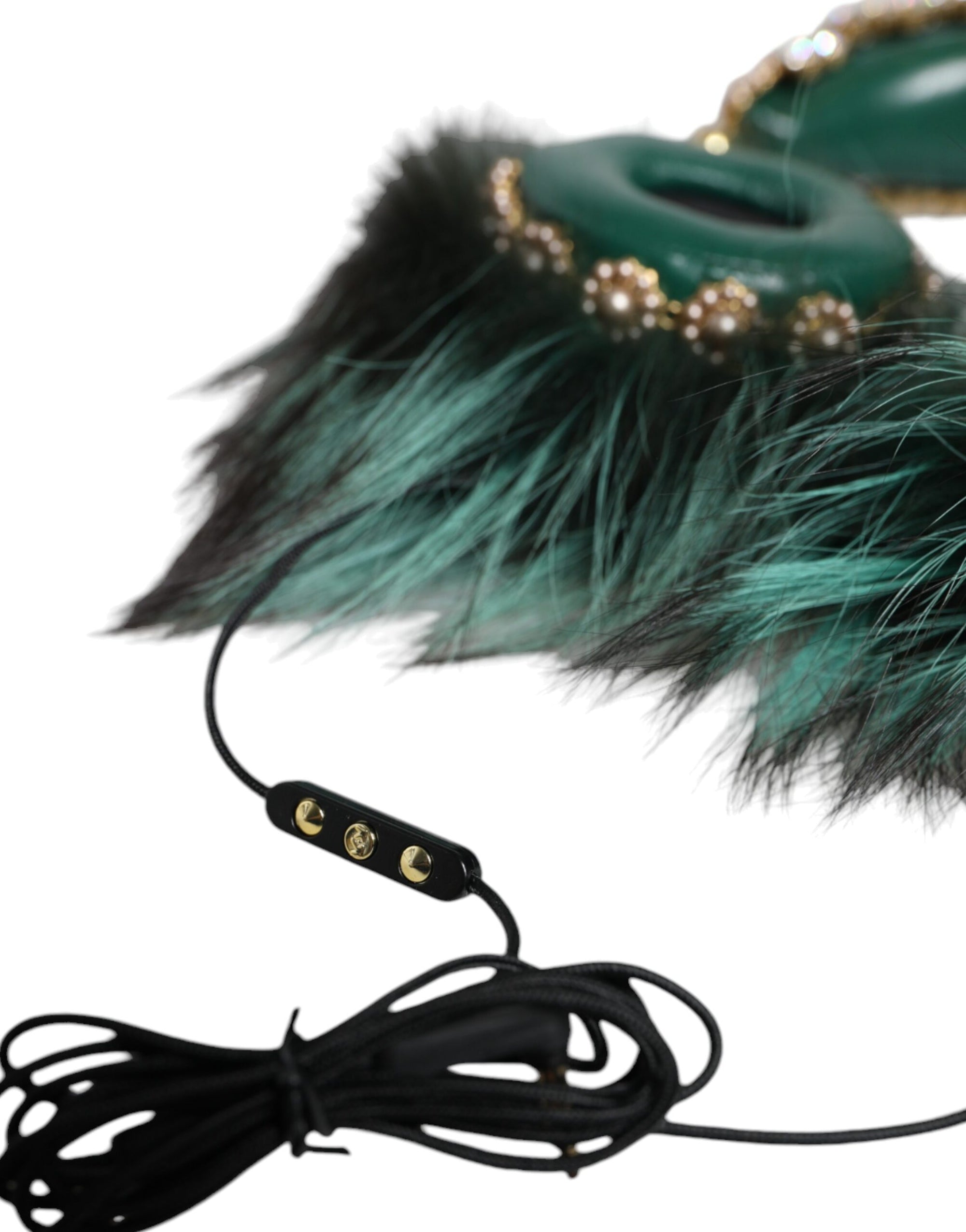 Dolce & Gabbana Green Gold Crystal Fur Headset Audio AUX Headphones - Maison Luxe