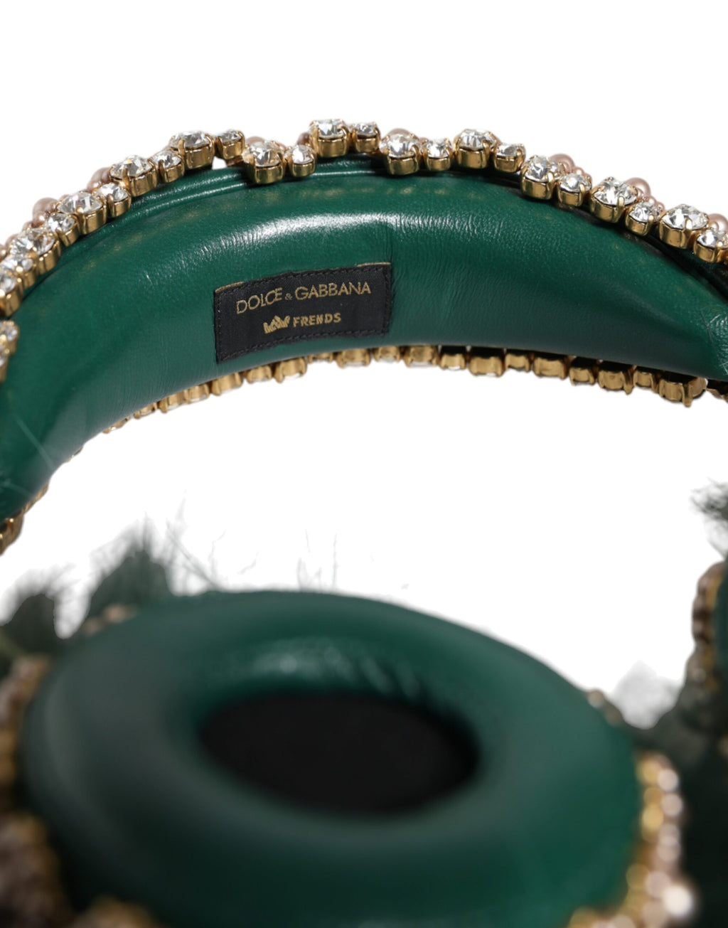 Dolce & Gabbana Green Gold Crystal Fur Headset Audio AUX Headphones - Maison Luxe