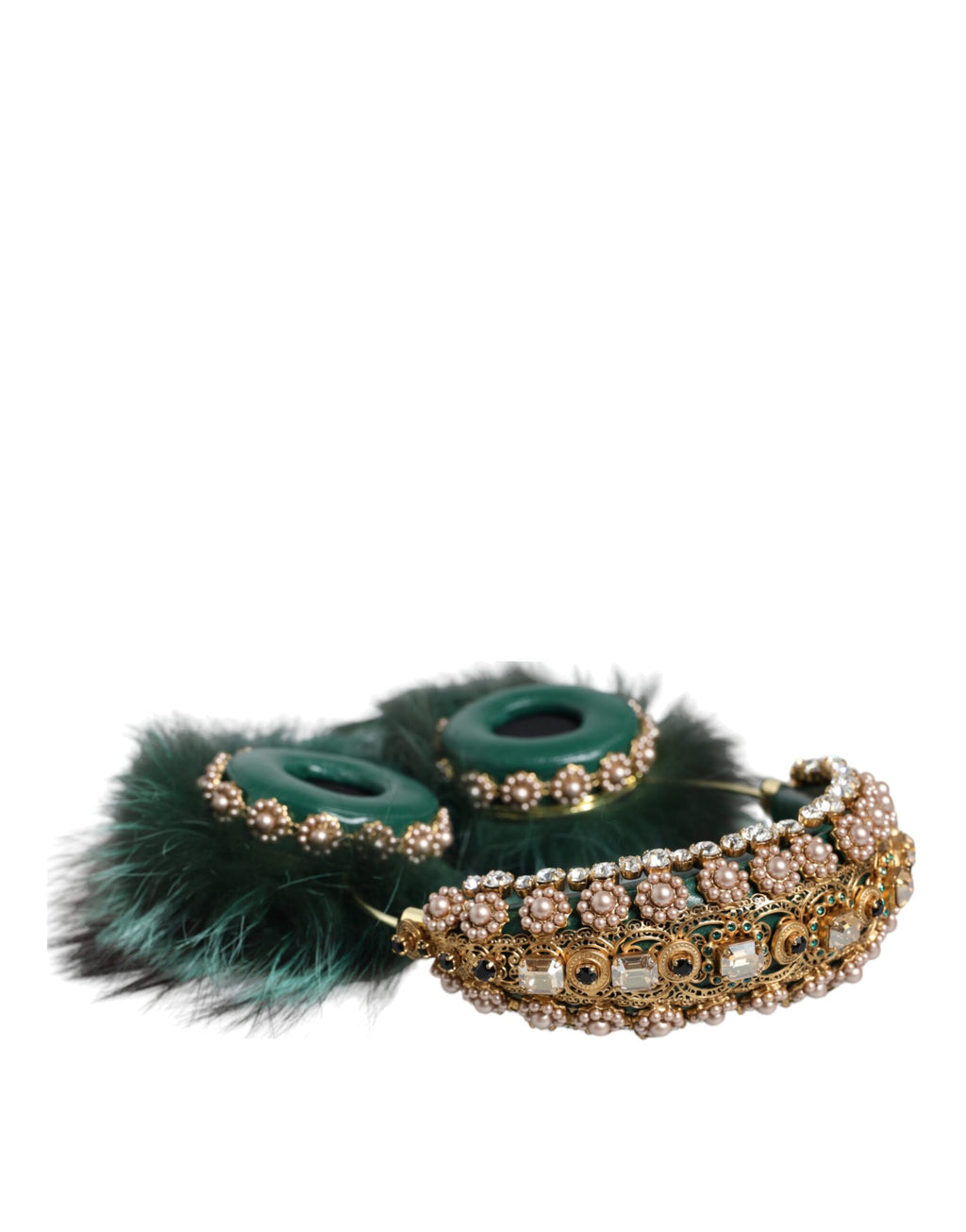 Dolce & Gabbana Green Gold Crystal Fur Headset Audio AUX Headphones - Maison Luxe