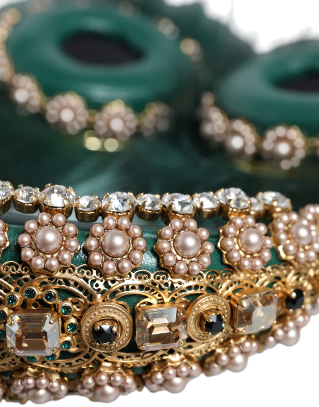 Dolce & Gabbana Green Gold Crystal Fur Headset Audio AUX Headphones - Maison Luxe