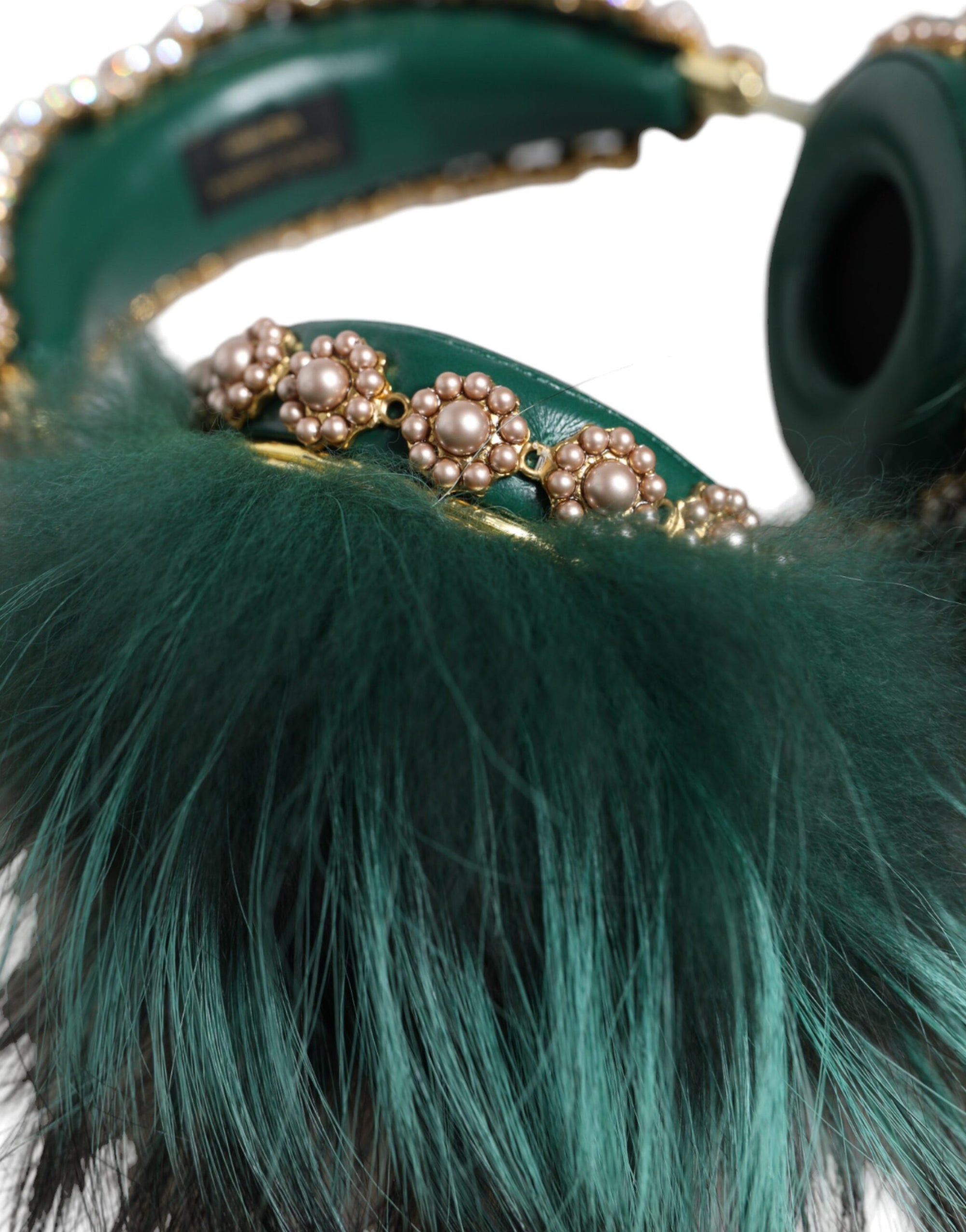 Dolce & Gabbana Green Gold Crystal Fur Headset Audio AUX Headphones - Maison Luxe