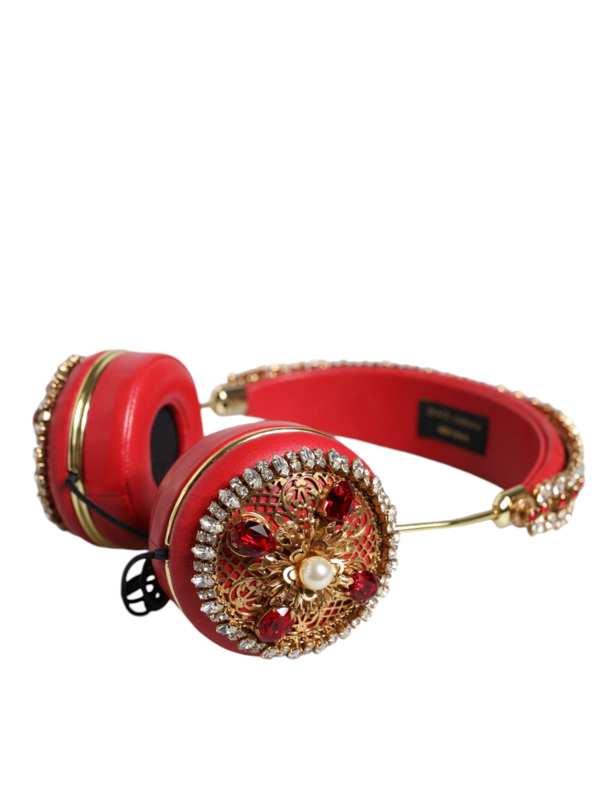 Dolce & Gabbana Red Nappa Leather Floral Crystal Headphone - Maison Luxe