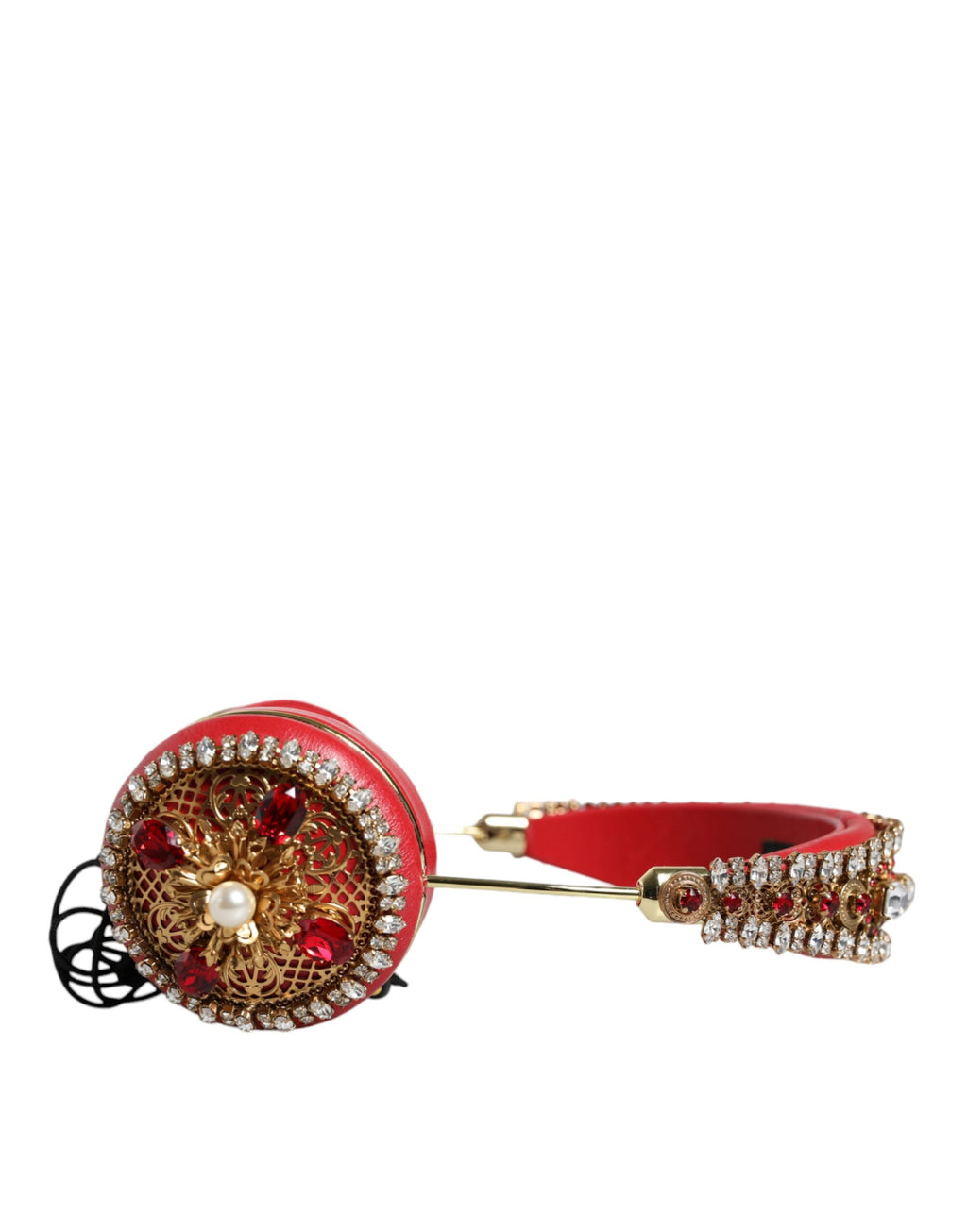 Dolce & Gabbana Red Nappa Leather Floral Crystal Headphone - Maison Luxe