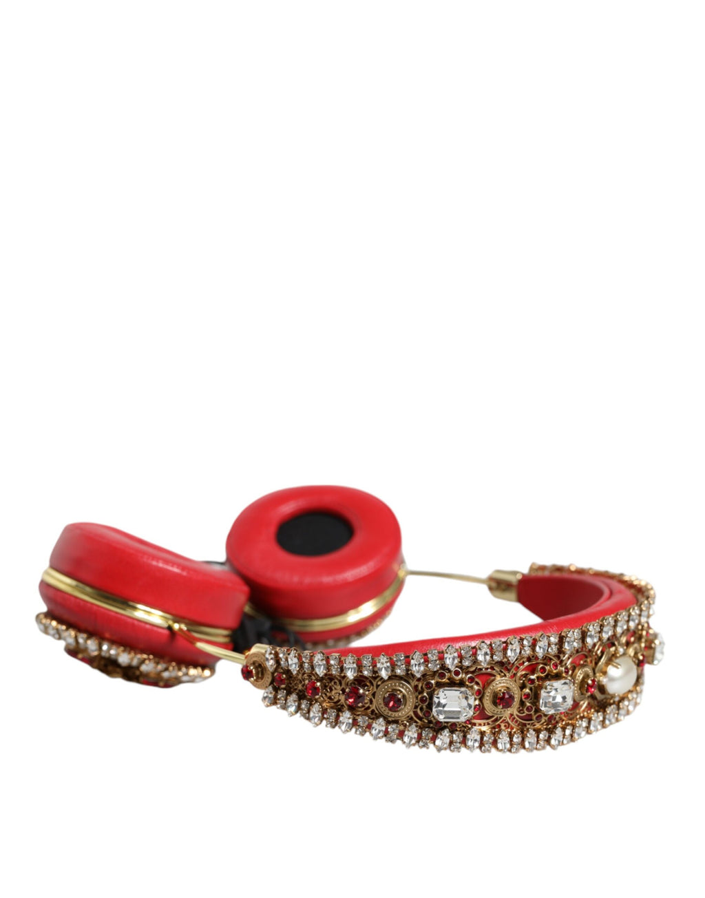 Dolce & Gabbana Red Nappa Leather Floral Crystal Headphone - Maison Luxe